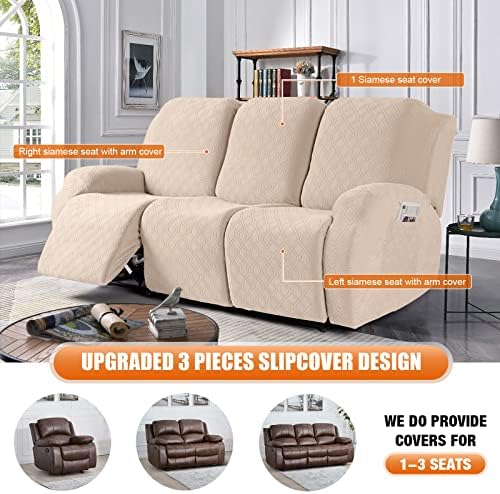 VANSOFY Stretch Recliner Couch Cover, Slipcover, Cream, 3 Seater - Image 3