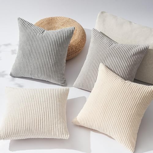 Topfinel 4 Packs Neutral Decorative Throw Pillows Covers 20x20 Inch for Living Room Couch Bed Sofa, Rustic Farmhouse Boho Neutral Home Decor, Soft Plush Striped Corduroy Square Cushion Case 50x50 cm - Image 5