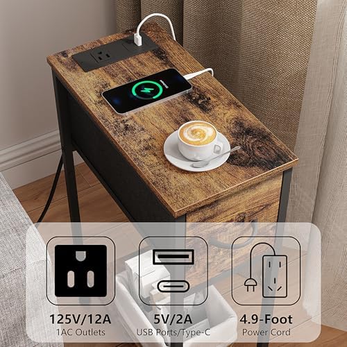 Vagusicc End Table Set of 2 with Charging Station, Narrow Side Table Nightstand with Fabric Drawer, Slim Nightstand for Bedroom, Small Bedside Table, Slim Side Table for Small Spaces, Rustic Brown - Image 5