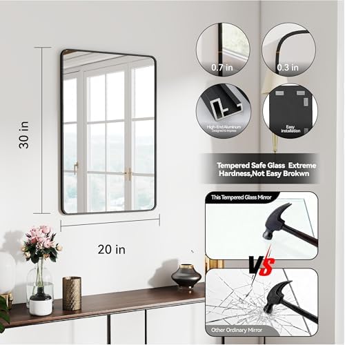 30x20 Bathroom Mirror Rect Wall Mounted Aluminum Metal Frame Black - Image 2