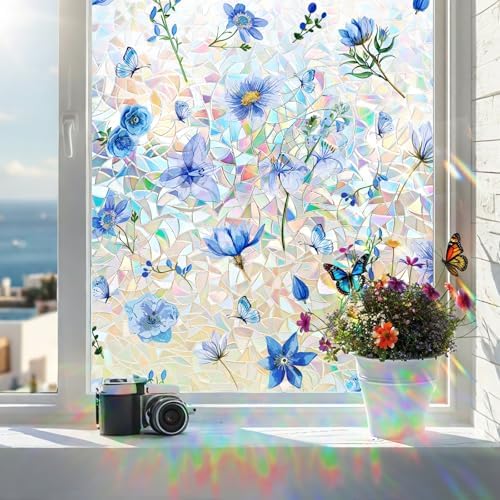 Coavas Stained Glass Window Privacy Film, 3D Rainbow Floral, 17.5" x 118.1" by Coavas