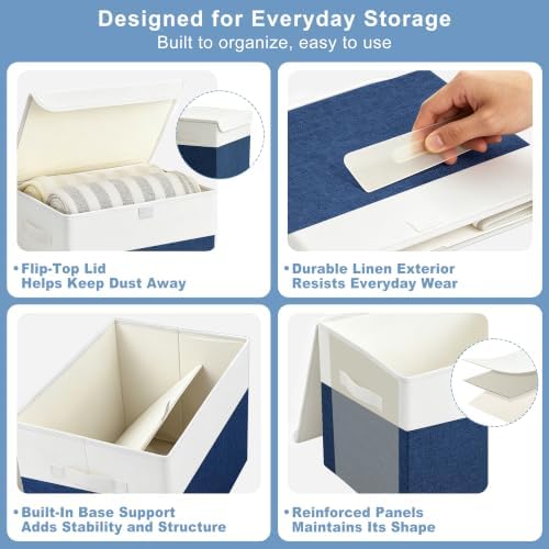 Bagnizer Large 22 Quart Linen Fabric Foldable Storage Bin Cube Organizer Basket with Flip-Top Lid & Handles, Clothes Blanket Box for Home, Office, Closet, Navy Blue & White, 4 Pack 14.6 x 9.5 x 9.5 - Image 6