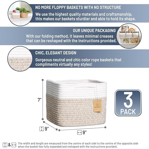 NaturalCozy Storage Cubes 9”x9”x7”Cotton Rope Woven Baskets for Organizing 3-Pack | 9 Inch Cube Storage Bin | Small Basket for Shelf Nursery, Pantry, Decorative Plant, Bathroom Closet, Toy Gift - Image 2