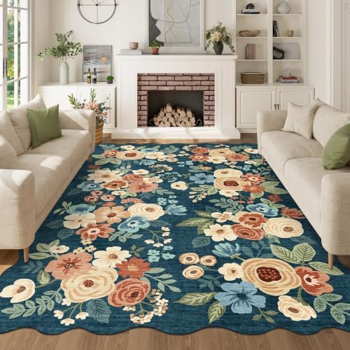 DUKINO 6x9 Area Rugs Floral Washable Living Room Rug Non Slip Prussian Blue by DUKINO