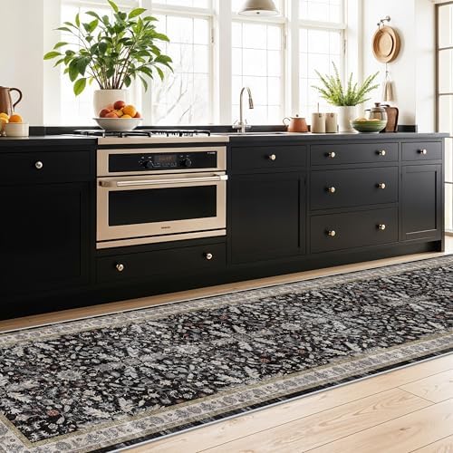 3x12 ft Long Hallway Runner Rug - Non-Slip Washable Soft Kitchen Rug with Rubber Backing,Boho Floral Low Pile Floor Carpet Runner for Entryway,Bedroom,Living Room（Black,3x12） - Image 4