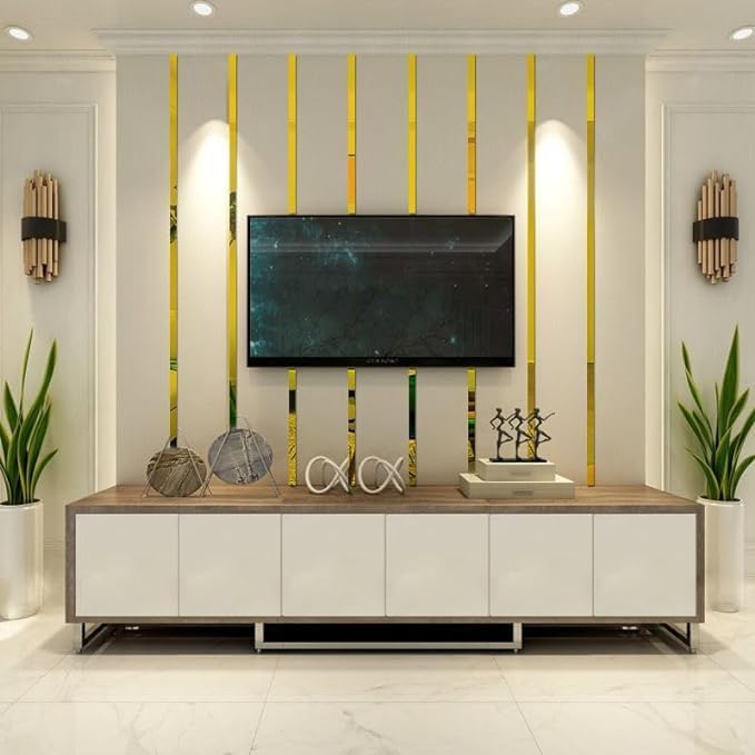 20Pcs Mirror Wall Stickers Striped Design Mirror Art Tile Decal DIY Self Adhesive Wall Line Border Decals Removable Acrylic Mirror Sheets and Murals for Home Decor 5 * 20cm（Gold） - Image 2