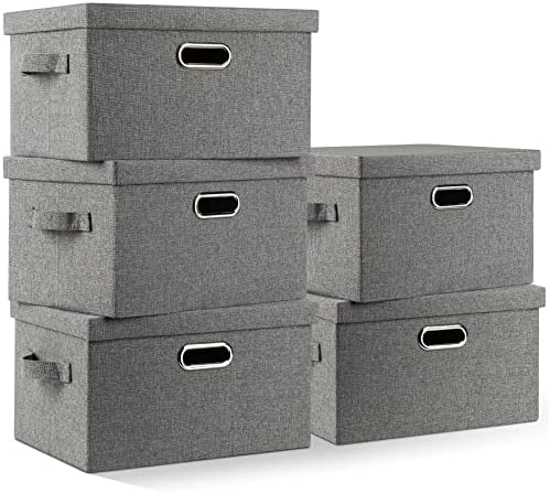 Graciadeco Medium 15" 21 Quart Collapsible Stackable Storage Bins with Lids, 5 Packs Grey Foldable Fabric Closet Boxes Heavy-duty Linen Cube Baskets Container for Bedroom Office (15 x 11 x 8) by GraciadecoStorage