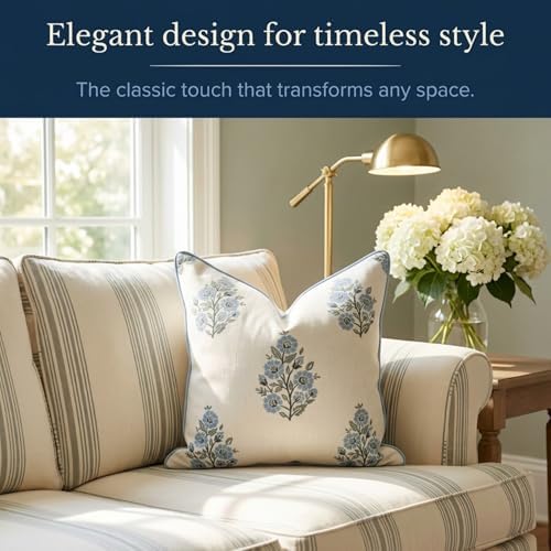Jillien Harbor “The Camille” Floral Block Print Pillow Cover – Soft Blue and White Decorative Throw Pillow Cover – Grandmillennial Home Decor, 20" x 20" - Image 2