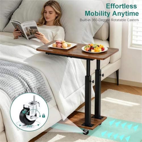 AOODA 22''W TV Tray Table with Wheels Adjustable Height, C Shaped End Tables Living Room, Rolling Couch Side Table with Storage for Sofa, Bed, Recliner (Rustic Brown) - Image 6