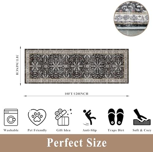 3x10 ft Long Kitchen Runner Rug – Non-Slip Washable Hallway Carpet Runner with Rubber Backing, Boho Floral Low Pile Thin Wide Runners for Entryway Indoor（Black,3x10） - Image 2