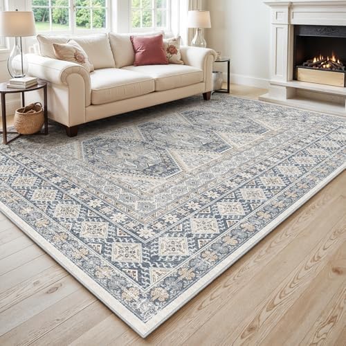 Ksrau 10x12 Area Rug Washable Vintage: Non Slip Living Room Large Rugs Blue by Ksrau