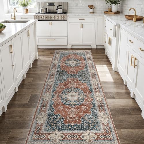 Ksrau 3x8 Runner Rug Washable Vintage: Non Slip Kitchen Runners Brick/Blue by Ksrau