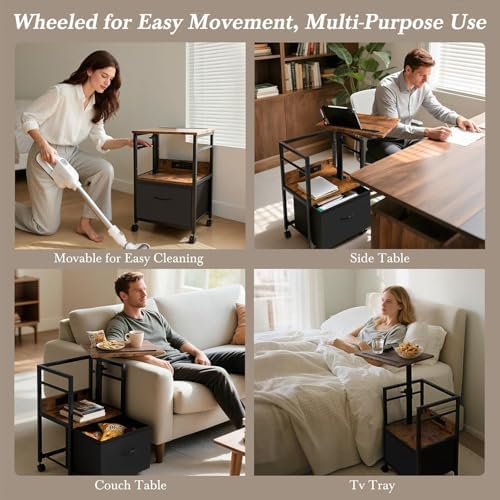 Faesun Swivel Lift Top Nightstand with Charging Station, Rolling Side Table for Recliner, Bedside Table with Wheels & a Fabric Drawer, for Small Spaces, for Bedroom, Living Room, Brown Black - Image 6
