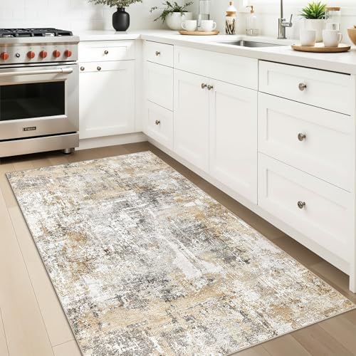 Washable 3x5 Entryway Rug - Non-Slip Soft Low-Pile Thin Small Area Rugs for Kitchen Bedroom Living Room Hallway – Modern Abstract Neutral Door mat Indoor （Gold Grey） - Image 3