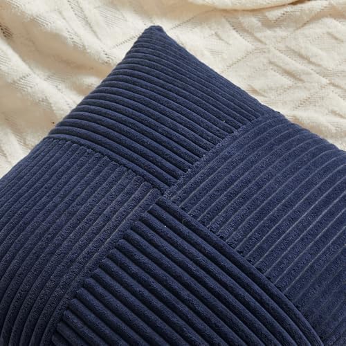 Fancy Homi 2 Packs Navy Blue Lumbar Decorative Throw Pillow Covers 16x32 Inch for Living Room Couch, Rustic Farmhouse Boho Home Decor, Soft Striped Corduroy Rectangle Accent Cushion Case 40x80 cm - Image 4