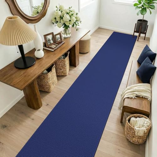 KOZYFLY Cotton 2x14 Runners Rugs for Hallway, Long Washable Runner Rug, Woven Non Slip Kitchen Runner, Flatweave Entryway Rug, Floor Carpet for Entry, Aisle, Hall, Deep Navy Blue - Image 2