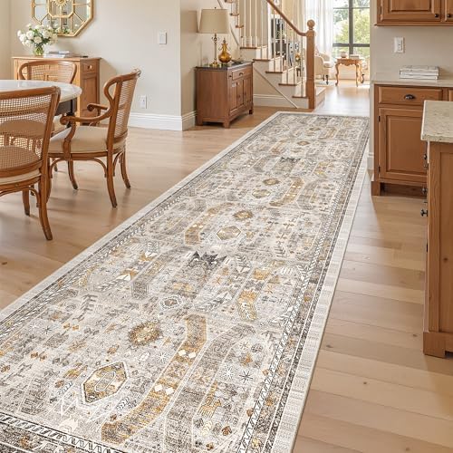 Madane Hallway Runner Rug 3x10 Washable Kitchen Runners 10ft, Brown/Gold by Madane