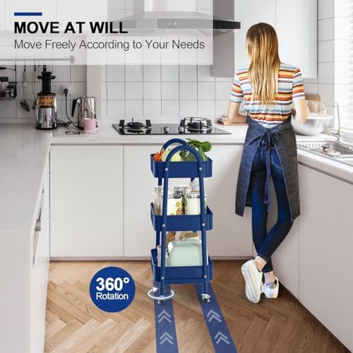 EAGMAK 3 Tier Utility Rolling Cart, Metal Storage Cart with Handle and Lockable Wheels, Multifunctional Storage Organizer Trolley with Mesh Baskets for Kitchen, Living Room, Office, Garage (Indigo) - Image 4