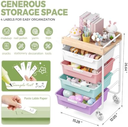 SYKIARIOL Rolling Utility Storage Cart,4 Labeled Ice Cream Colored Drawers - Image 3