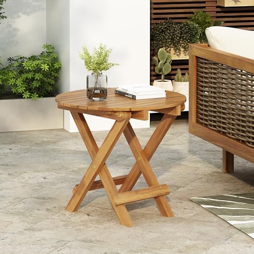 Christopher Knight Home Aurl 17.75" W Outdoor Acacia Wood Side Table, Round End Table, Slats Panel Design, Foldable and Adjustable Small Coffee Desk, Sofa Side Desk, No Assembly Needed, 175lbs Teak by ChristopherKnightHome