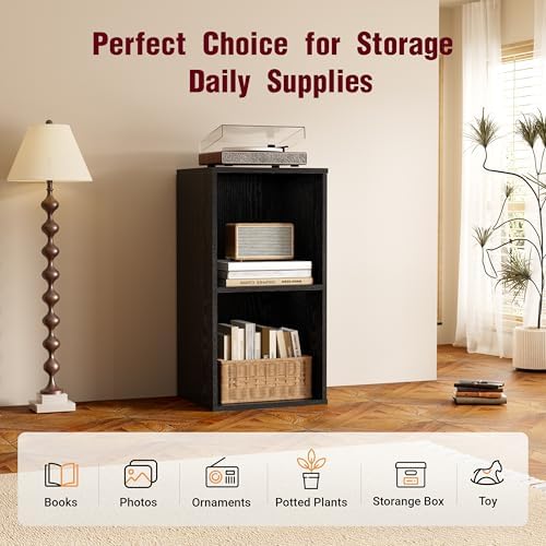 Book Shelf, Wooden Cube Storage Organizer with 11" Open Cubes, Stackable Modular Bookcase for Room Divider Storage, 2 Tier Bookshelf for Living Room, Bedroom, Office (Black, 2-Cube) - Image 6