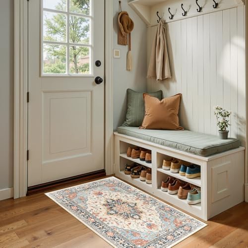 RELEANY Washable Area Rug, Small 2'x4', Beige/Blue/Orange by RELEANY