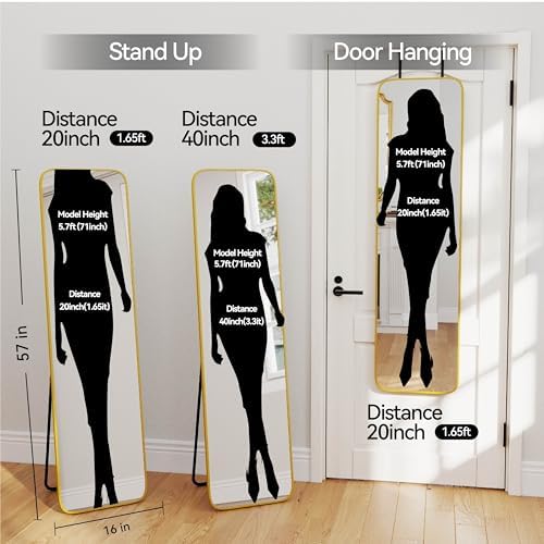 57x16" Full Length Mirror Floor Stand,Over the Door,Wall Mounted Gold - Image 4