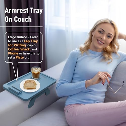 SINWANT Couch Arm Tray, Bamboo Sofa Clip on Tray Tables with 360° Phone Holder,Folding Anti Slip Couch Armrest Table for Snacks,Drinks,Remotes 15.35"x9.85" - Image 2