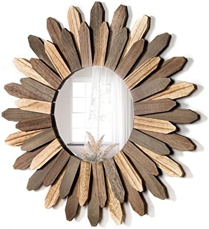 Honiway Boho Wall Decor 21 inch Wall Mirror Rustic Wood Decorative Mirror for Room Decor Rustic Home Decor Farmhouse Wall Decor at Living Room Bedroom Bathroom Hallway Trilcolor by Honiway