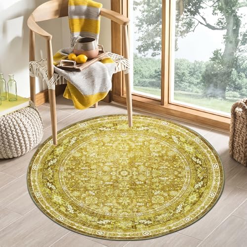 OPPODREAM Vintage Yellow Area Rugs 4' Round, Washable Rug for Living Room by OPPODREAM