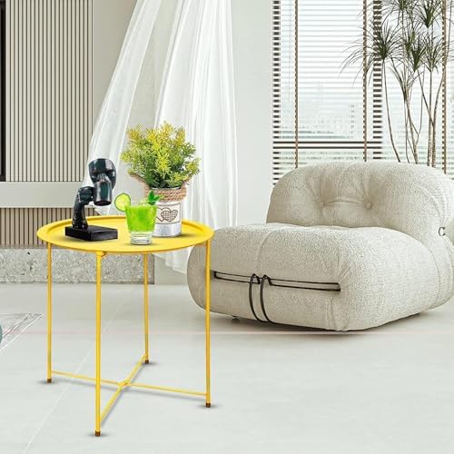 Garden 4 you Small Side Table, Round End Table, Outdoor Side Table with Metal Frame, Bedside Table for Living Room, Bedroom, Patio, Small Space, Yellow - Image 5