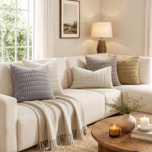 MIULEE Corduroy Decorative Throw Pillow Covers 16x16 Cream White Pack of 2 - Image 3