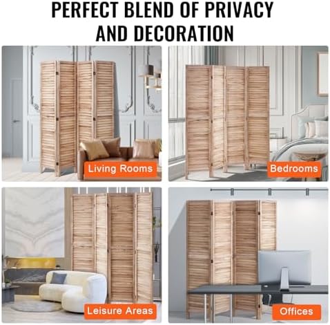 VEVOR Wood Room Divider, 4 Panel Wood Folding Privacy Screen, 66.9 Inches Tall Indoor Louvered Wooden Partition, Portable Decoration Screen, for Room Separation, Home, Office, Restaurant & Bedroom - Image 6