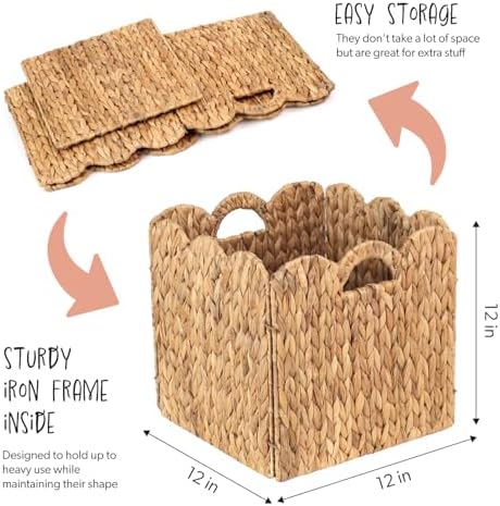 Set of 4 Foldable Scalloped Water Hyacinth Storage Cubes Basket, Storage Cube Bins -12"x12"x12", Collapsible Cube Organizers, Water Hyacinth Woven Bins for Bathroom, Bedroom, Laundry, Pantry, Shelves - Image 2