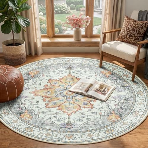 RELEANY Washable Area Rug, Round 4ft, Beige/Carbon Grey/Orange - Image 2