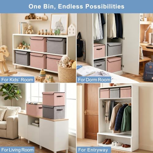 Bagnizer Linen Fabric Foldable Storage Cube Bin Organizer Basket with Flip-Top Lid & Handles, Large Clothes Blanket Box for Home, Office, Closet, Gray & Pink, 4 Pack 14.6 x 9.5 x 9.5” - Image 4
