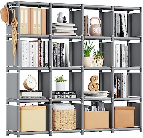 Mavivegue Book Shelf, 16 Cube Storage Organizer, DIY Bookcase, Metal Cube Bookshelf,Tall Book case for Bedroom, Living Room,Office,Closet Storage Organizer, Grey Cubicle Storage Rack by Mavivegue