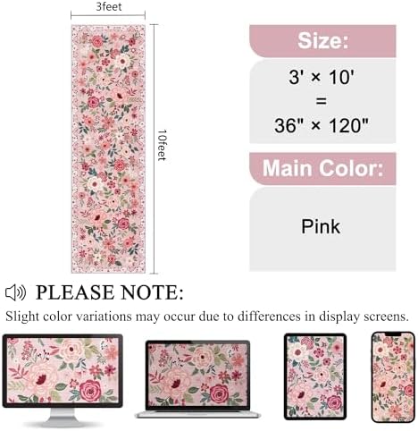 DUKINO 3x10 Runner Rug, Floral Washable Kitchen Runner Rug Non Slip, Pink - Image 2