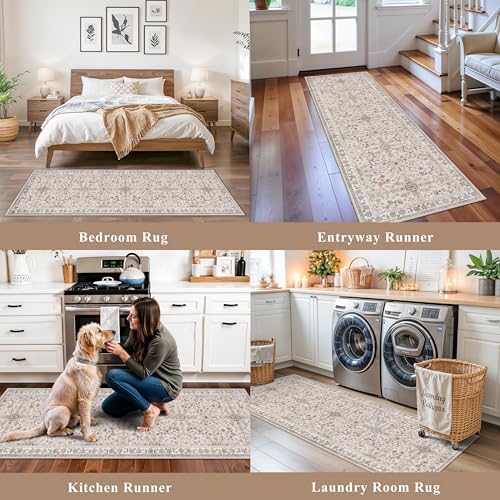 2x6 Washable Kitchen Runner Rug – Boho Vintage Non-Slip Carpet Runner for Hallway, Entryway, Bedroom & Bathroom – Soft Low-Pile Thin Area Rug with Rubber Backing (Beige,2x6) - Image 4
