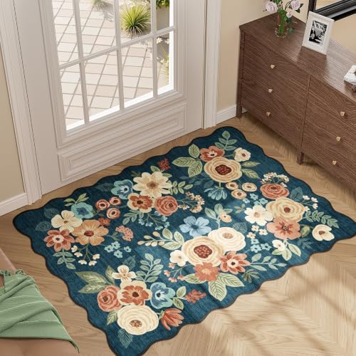 DUKINO 2x3 Rug for Entryway, Floral Door Mat Washable Rug, Prussian Blue - Image 3