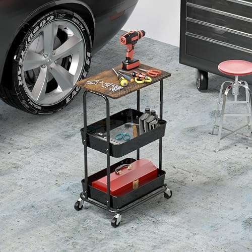 Simple Houseware 2-Tier Utility Cart Wood Top/Lockable Wheel, Rustic Brown - Image 6