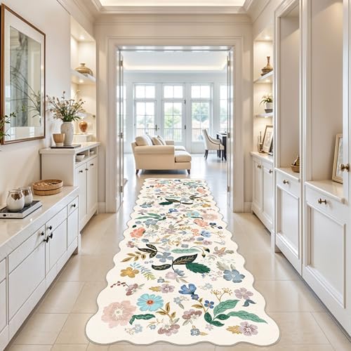 Washable 4x12 Wide Area Rug: Hallway Soft Floral Scalloped Carpet Water Resistant Non-Slip Runner Rug for Entryway Kitchen Dining Room Low Pile Floor Mat for Living Room Bedroom Nursery(4x12,Cream) - Image 2