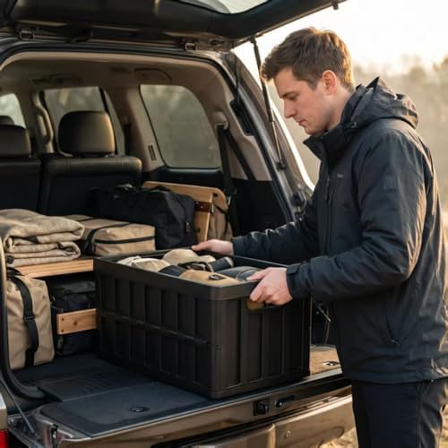 3 Pack 50L Black Collapsible Storage Crate Wooden Lid Stackable Bin for Garage RV Car - Image 4