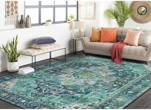 Moynesa Ultra-Thin Washable Vintage Area Rug - 6x9 Teal Large Dining Room Rug for Bedroom, Non-Shed Living Room Mat, Indoor Oriental Medallion Hardwood Floor Carpet for Office Home Decor by Moynesa
