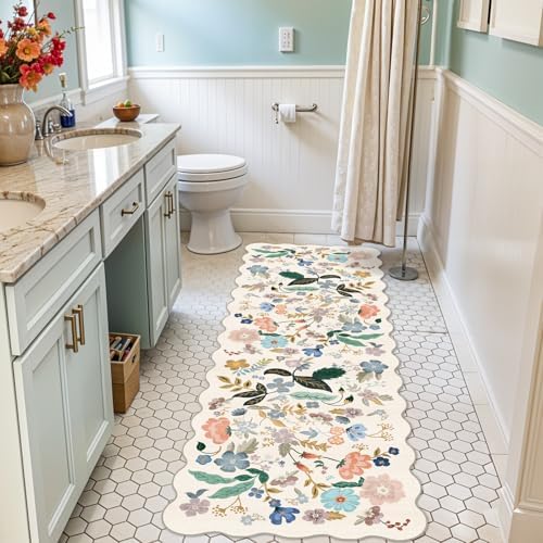 2x6 Washable Hallway Runner Rug: Floral Kitchen Rugs with Non-Slip Backing Vintage Low Pile Entryway Carpet for Living Room Bedroom Ultra Soft Water Resisitant Floor Mat for Bathroom Laudry(2x6,Cream) - Image 2