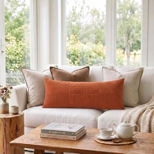 Fancy Homi Set of 2 Burnt Orange Boho Long Lumbar Body Decorative Throw Pillow Cover 14x36 Inch for Bed Couch Bedroom Bench, Soft Patchwork Corduroy Textured Pillow Case, Rustic Farmhouse Room Décor - Image 2