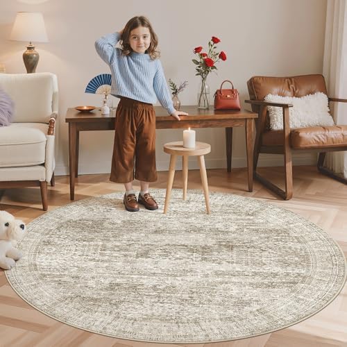 Soalmost 5x5 Brown Round Rug 6ft Circle Living Room Area Rugs Non-Slip by Soalmost