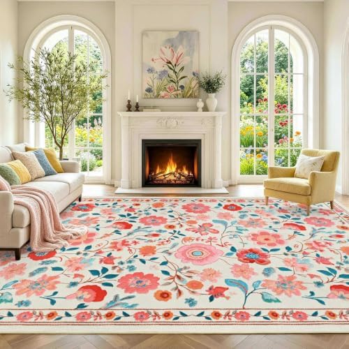 9x12 Ft Washable Area Rug for Living Room Beige Vintage Floral Carpet by Lo%CC%80utiRootHome