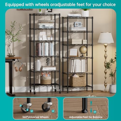 SINGAYE 6 Shelves Storage Shelf Wire Shelving Unit Metal Adjustable Wheels - Image 6