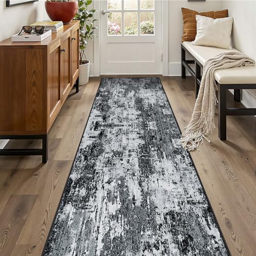 RELEANY Washable Runner 2'x10' Abstract Area Rug for Hallway Black White - Image 3